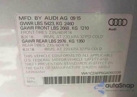 2016 Audi Q5 2.0T Premium z USA, uszkodzony, nr VIN WA1C2AFP5GA060338